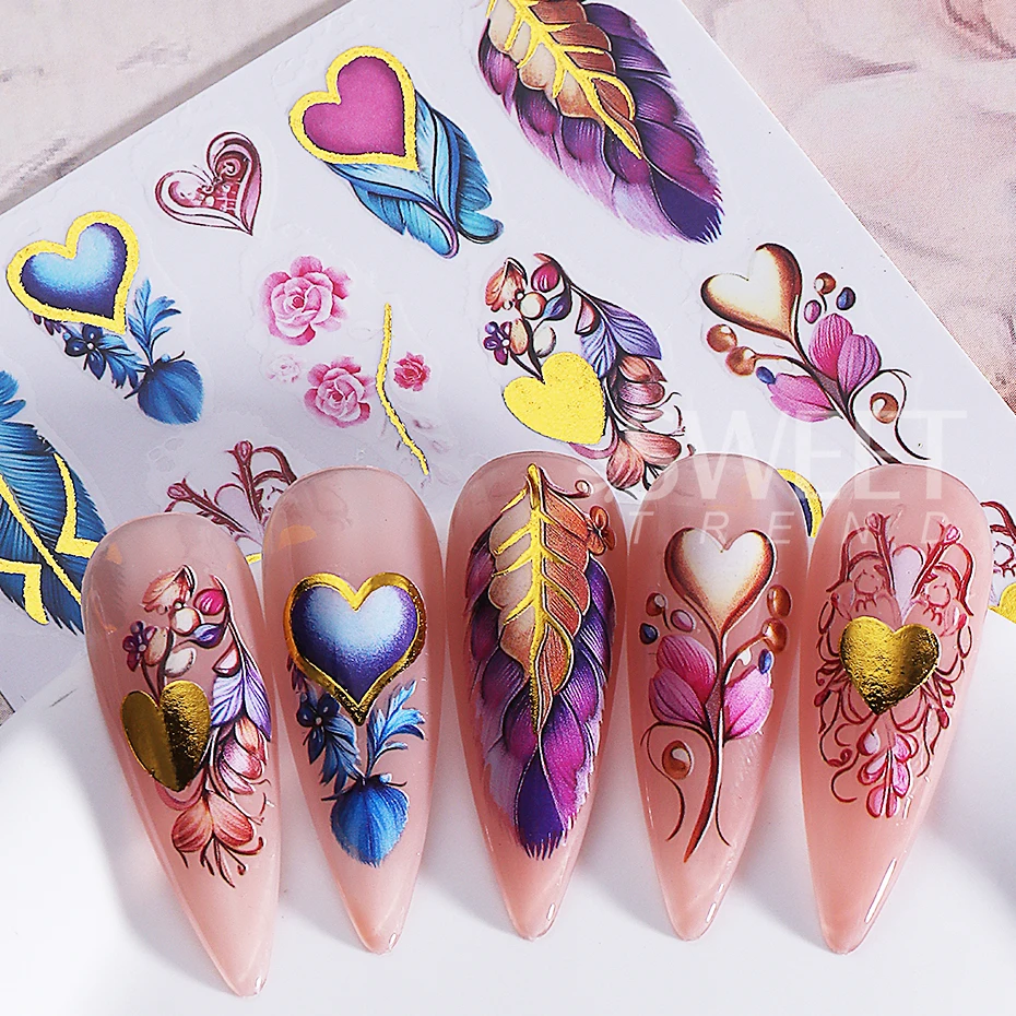 3pcs Bohemian Nail Stickers Bronzing Love Heart Petals Dreamcatcher Design Adhesive Nail Decals DIY Manicure Decoration Slider