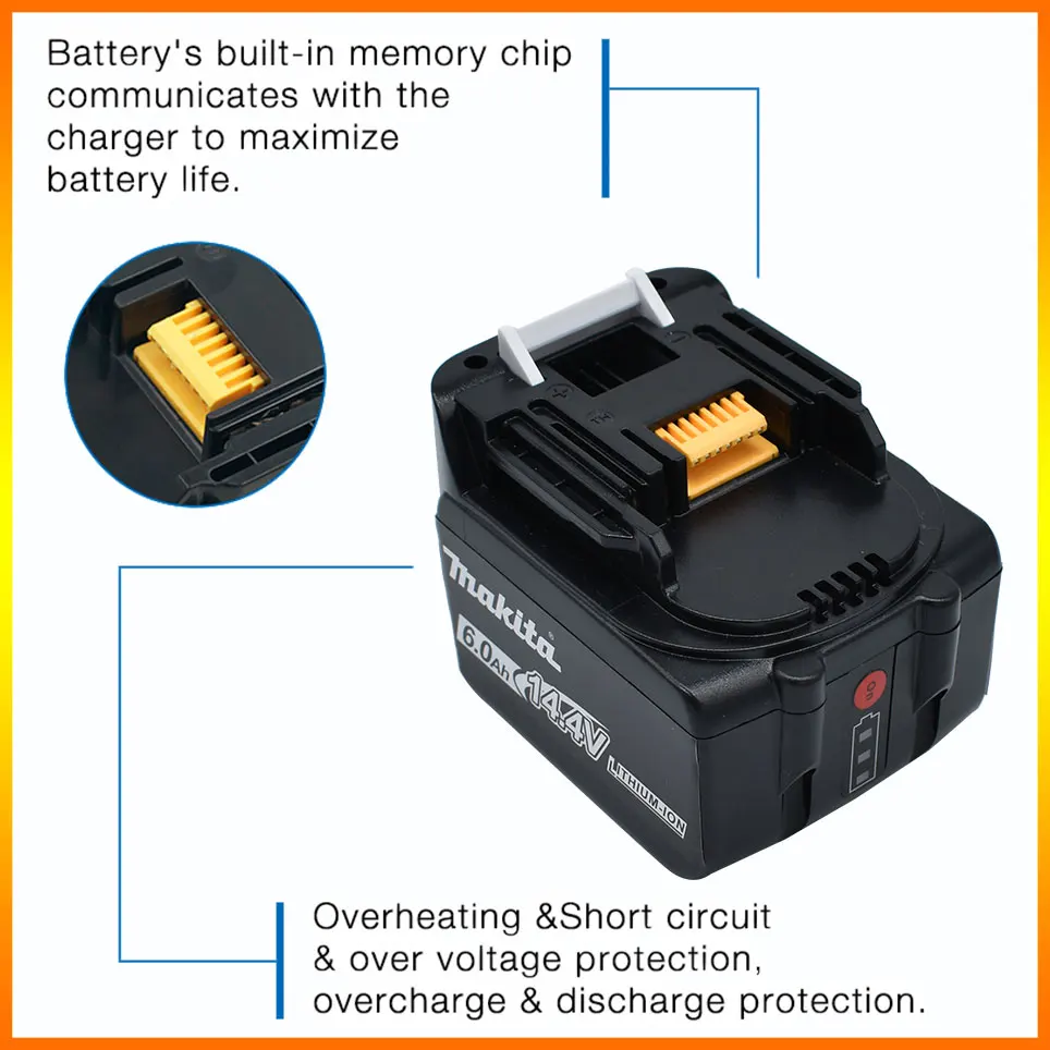 

14.4V Makita 6.0Ah BL1460 Li-ion Battery for Makita BL1430 BL1440 BL1450 BL1415 194066-1 194065-3 194558-0 Cordless Power Tools