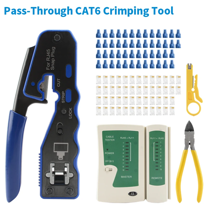 Ethernet Crimping Tool Network Crimper Cable Stripping Tool Network Tool Kit Network Tool Set LAN RJ45 Crimp Tool Pass Through Crimper Stripper Cutter For Cat6 Cat5 8P8C Modular Connector Ethernet All-in-one Wire Tool