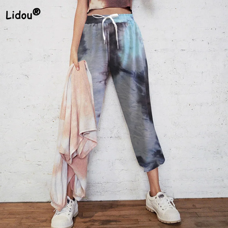 2023 Spring Autumn Fashion Drawstring High Waist Trousers Streetwear Tie Dye Paintings Womens Basic Nine Points Sweatpants new woolen pipe pants women autumn winter loose straight high waist tweed casual nine points radish trousers