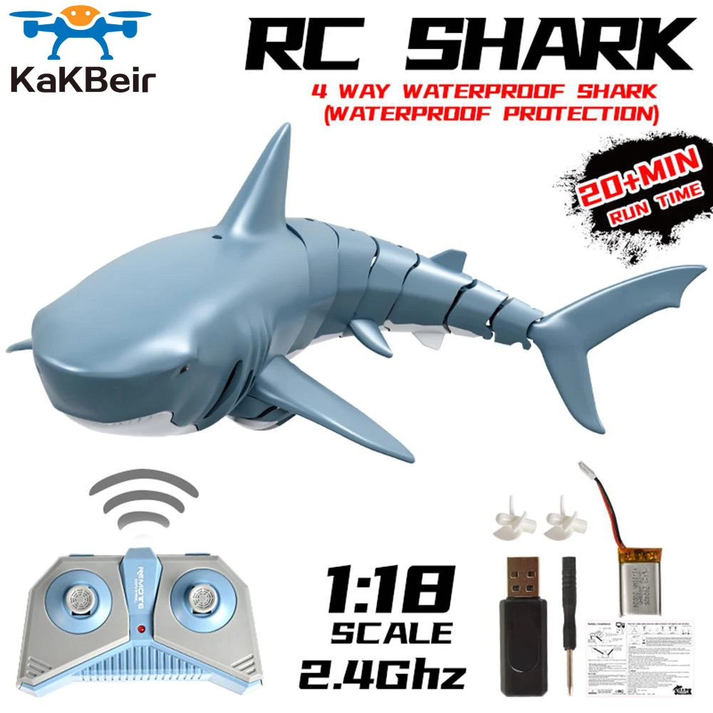  2.4G Remote Control Shark Toy 1:18 Scale High Simulation Shark  Shark for Swimming Pool Bathroom Great Gift RC Boat Toys for 6+ Year Old  Boys and Girls (with 2 Batteries) 