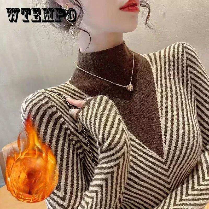 

WTEMPO Autumn Winter Women's Pullover Half High Neck Long Sleeve Stripe Contrast Color Thickened Fashion Casual Sweater Tops