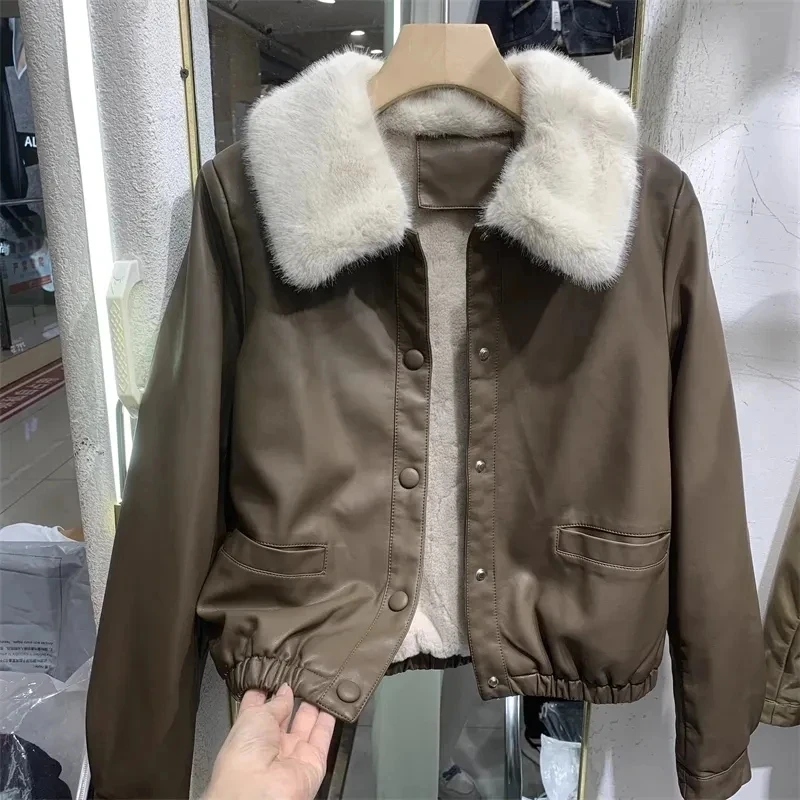 

Autumn And Winte Pu Skin Plush Thickening New Female Leather Jacket Coat Women Large Woolen Collar Short Tops Thickening Jacket