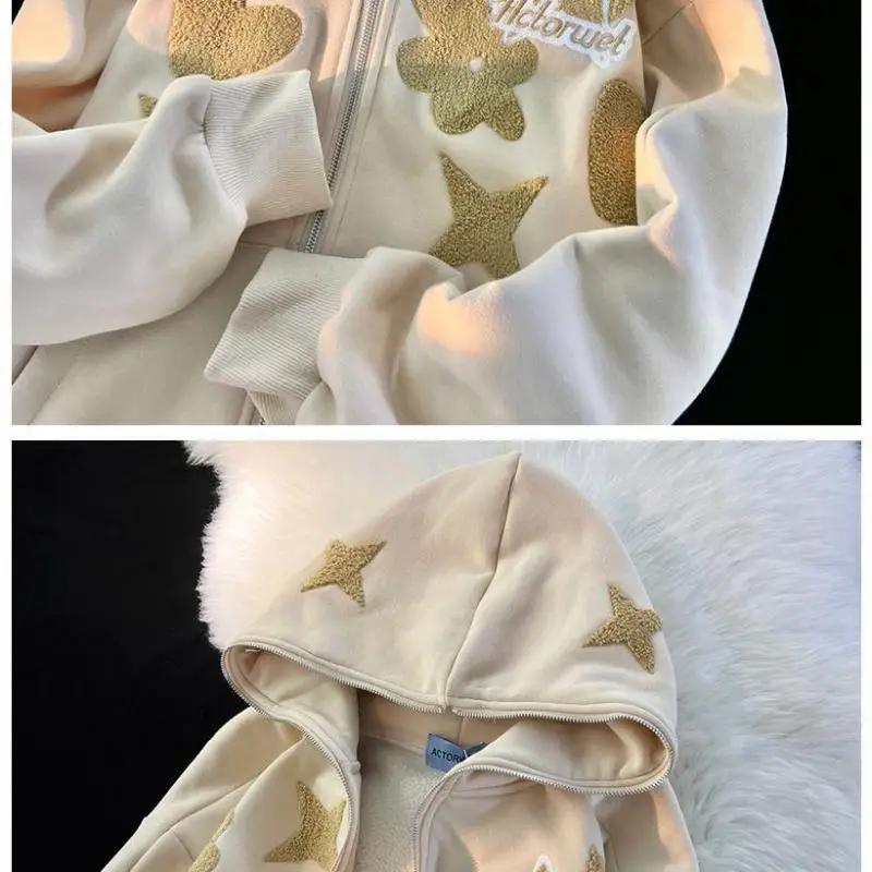 Five Pointed Star Embroidered Flowers American High Street Retro Women Sweatshirt Loose Casual Fleece Couples Wild Hoodie Coat