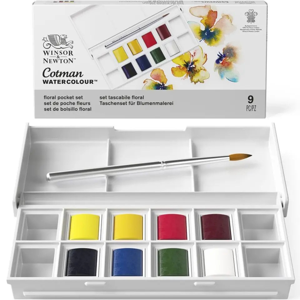 

Cotman Watercolour Floral Pocket Set Portable Travel 8 Colour Winsor&Newton Solid Paint 1Brush for Artist Student School Suplies