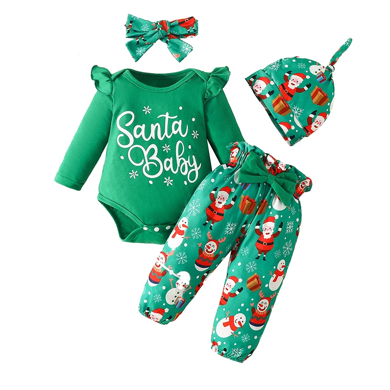 Baby Girls 4PCS Pants Sets Long Sleeve Letter Print Romper Cartoon Pants Headband Hat Sets