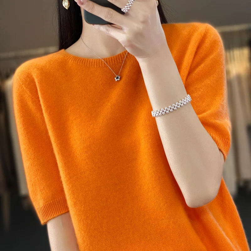 

Женский шерстяной трикотажный пуловер с круглым вырезом и коротким рукавом