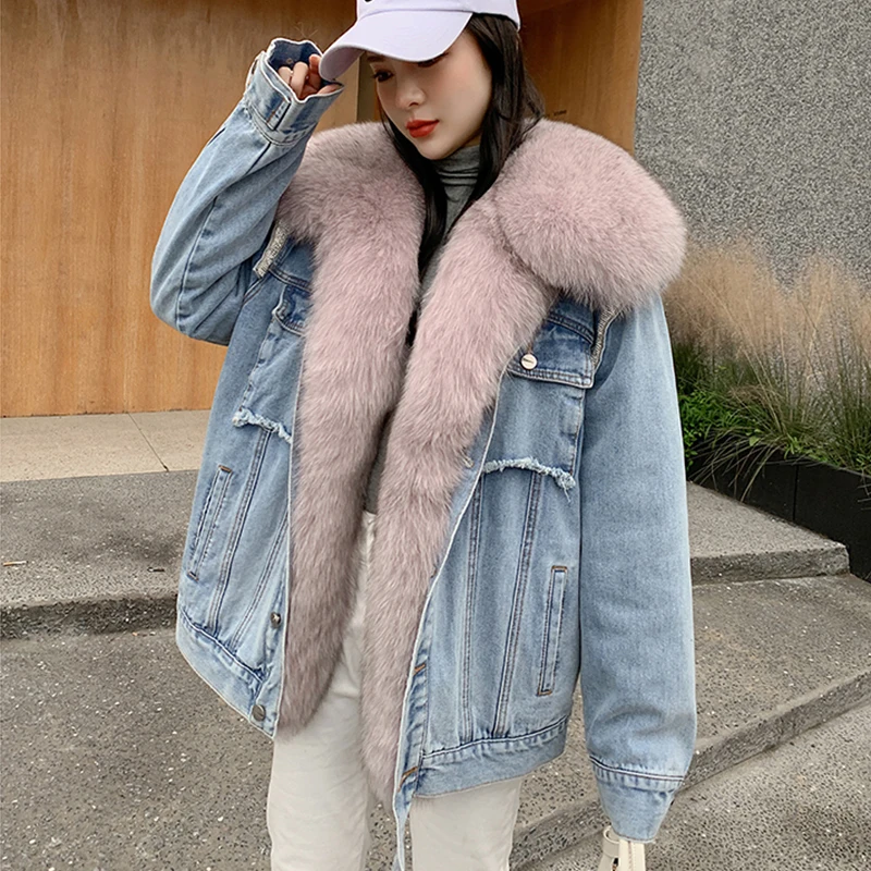 

2023New Denim Jacket Women's Winter New Korean Short Casual Fox Fur Collar Down Parka Single-Breasted Real Fur Coat Removable In
