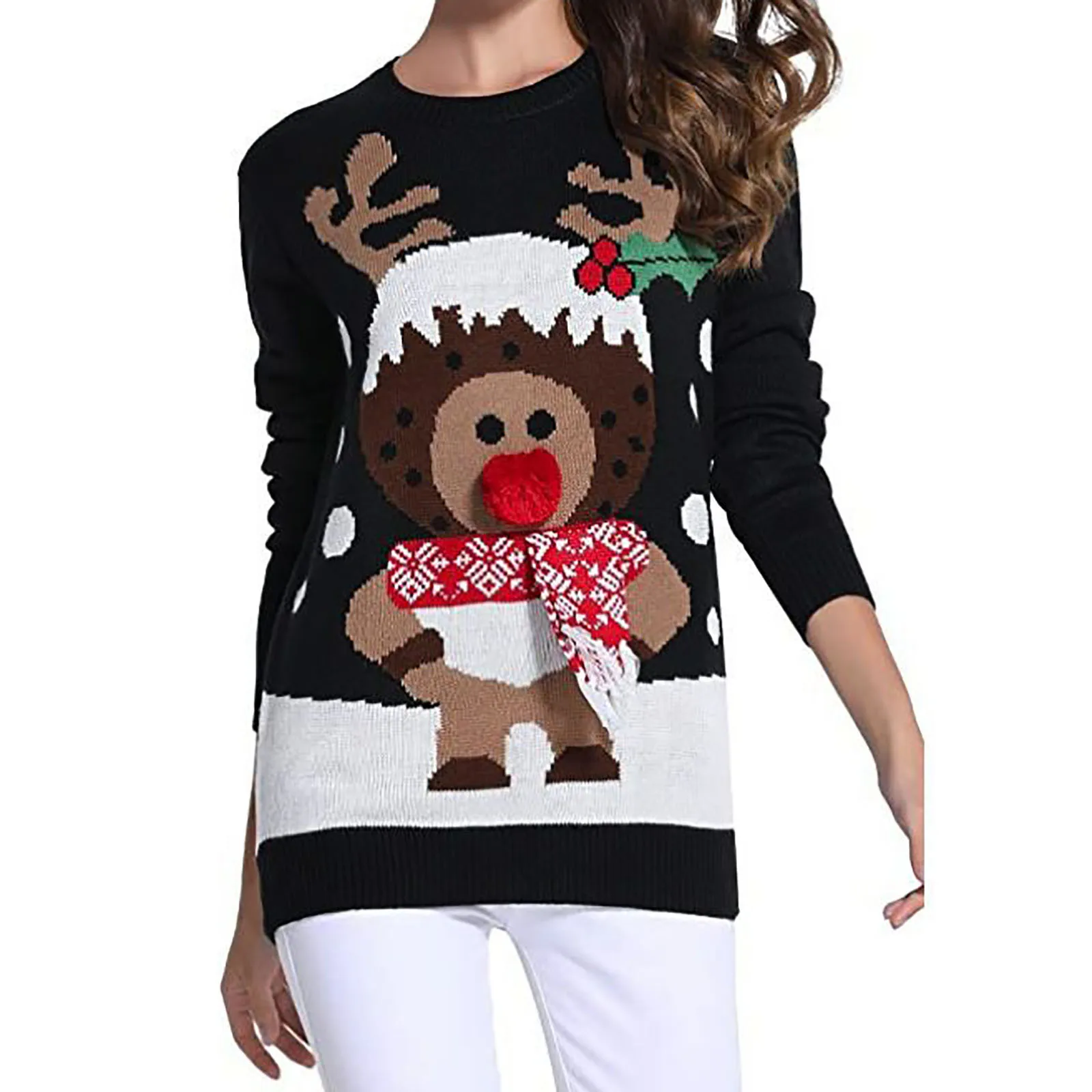 

Women's Loose Cartoon Round Neck Pullover Ugly Christmas Sweater Autumn Winter Knitted Sweater Long Sleeve Sweater For Women