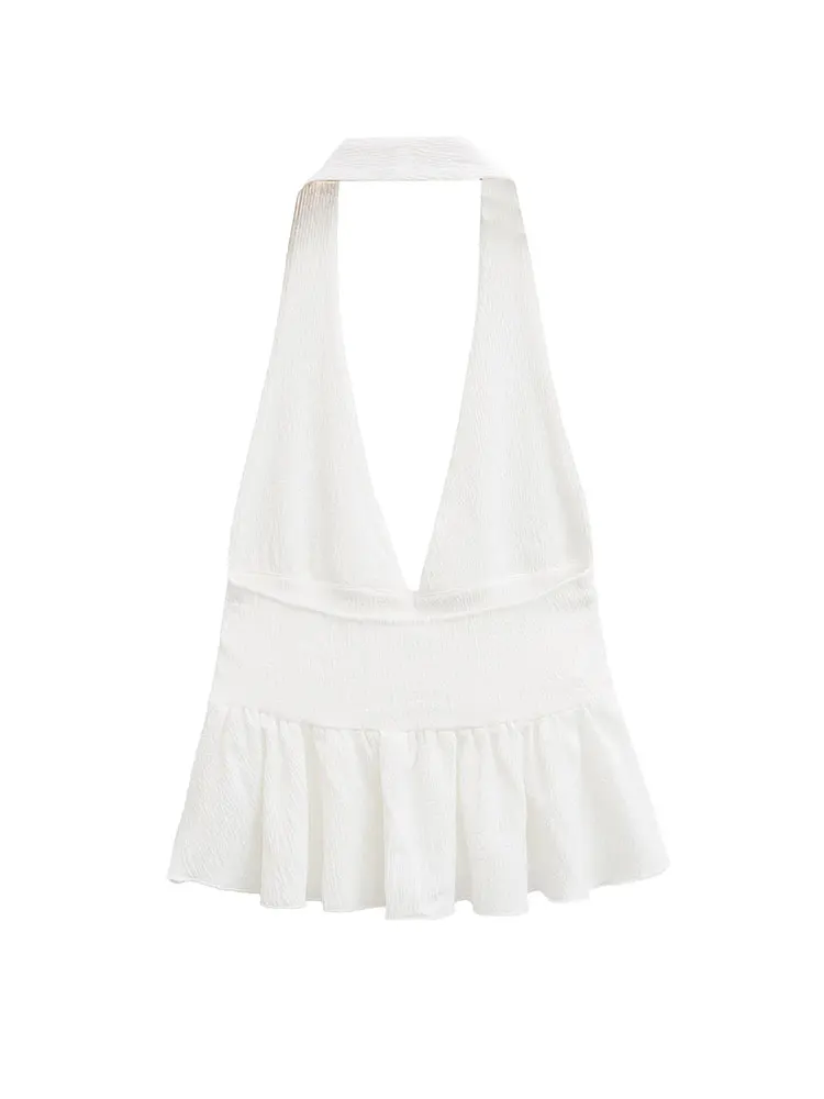 HH Women Vintage Solid Halter Vest Hem Ruffled Lady Sexy Backless Sleeveless V Neck Tops Summer Thin Casual Holiday Chic Top