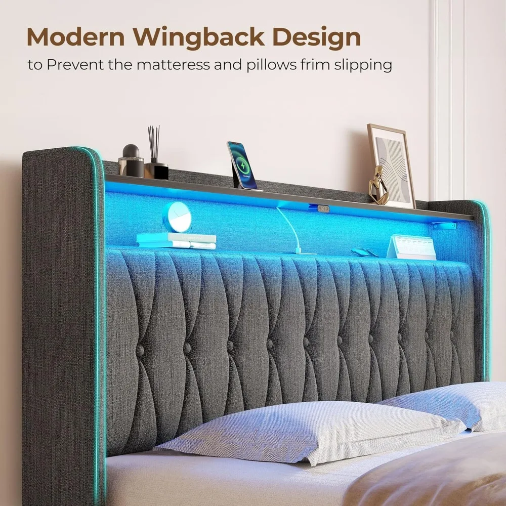 Twin Bed Frame with Drawer, Storage Headboard,Upholstered Bed with Heavy Duty Wood Slats,Noise Free, Easy Assembly, Dark Grey 6