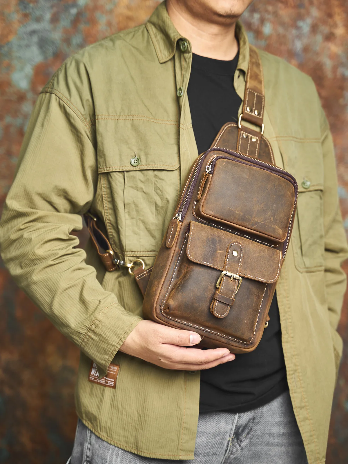 Genuine Leather Mens Sling Bag - Vintage Crossbody Chest Backpack
