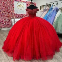 Quinceanera Dress Red Glitter Off Shoulder Beaded Gown