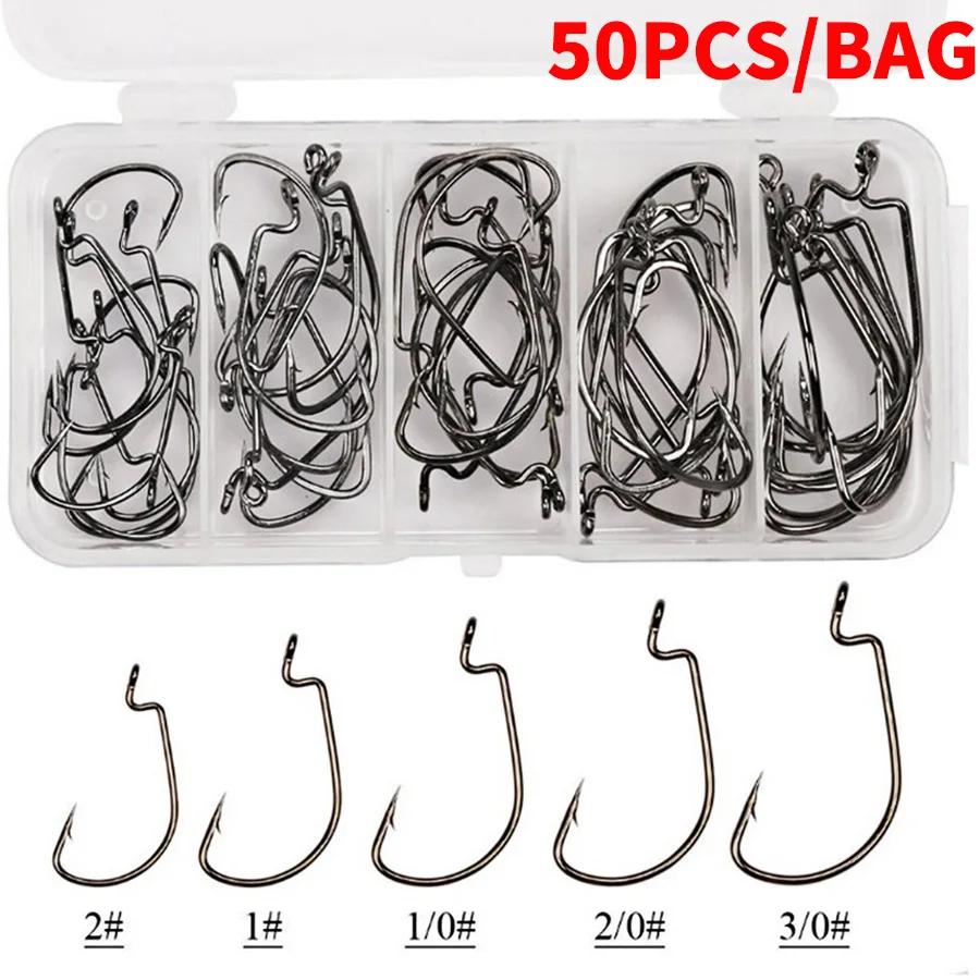 

50pcs Fishing Hook Set Carbon Steel Wide Crank Offset Fishhook For Soft Lure Bass Barbed Carp Fishing Tackle Worm Hook Texas Rig