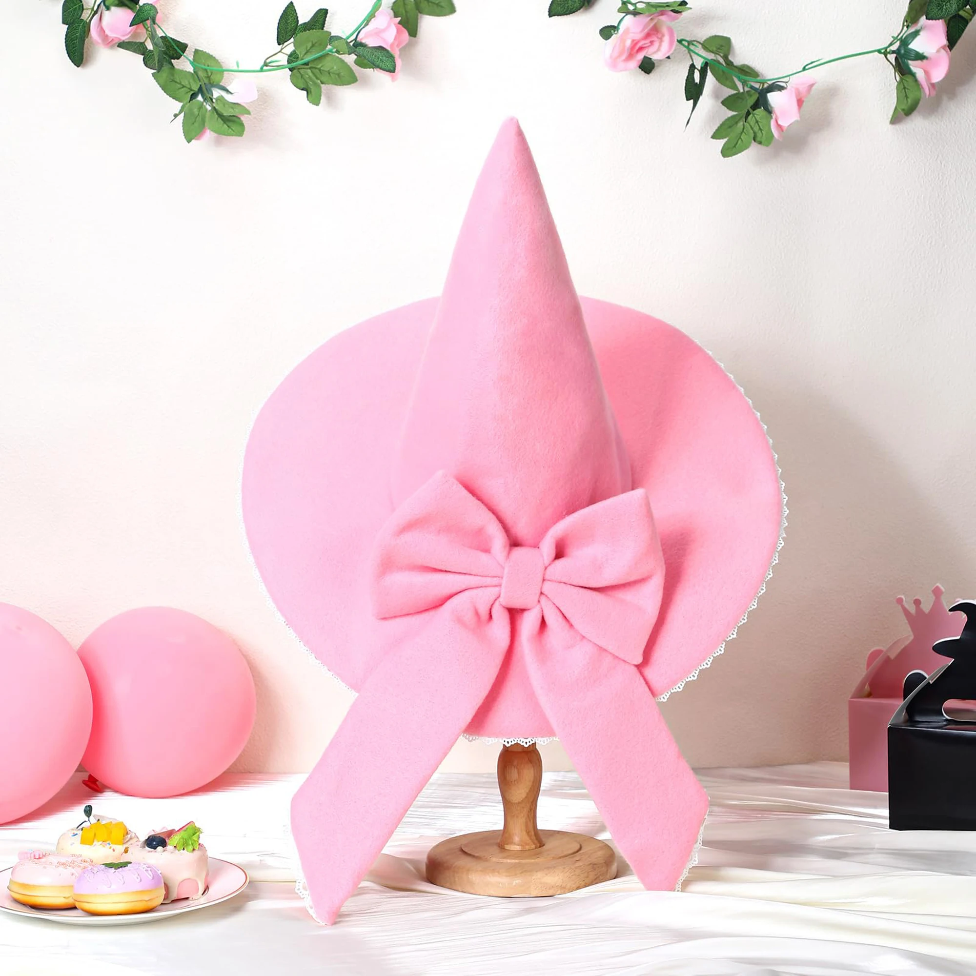 Pink Witch Hat with Bow and Wide Brim Felt Wizard Hat for Halloween Cosplay Pointed Cap Costume Accessory for Women and Girls