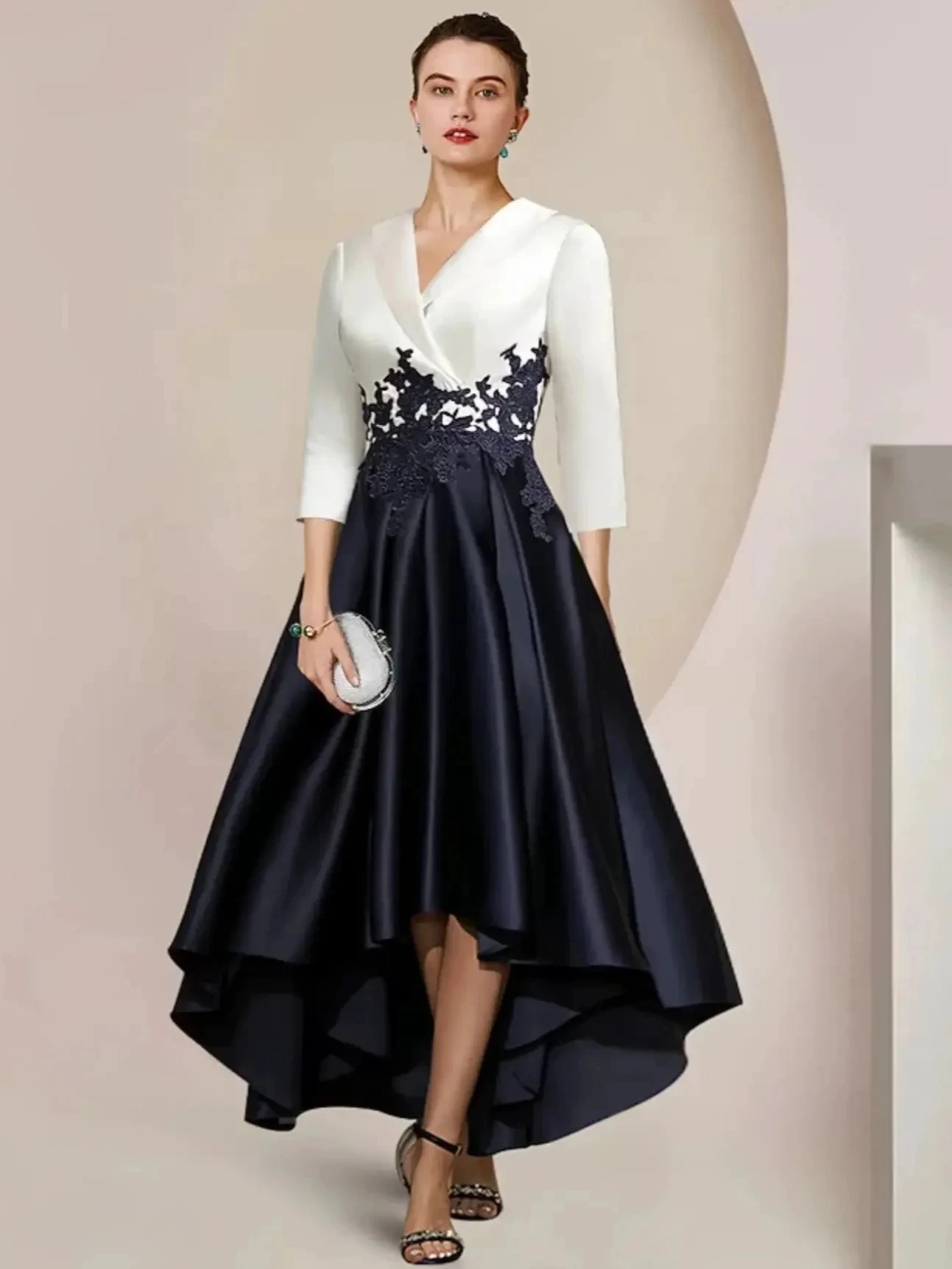 Asymmetrical V-Neck 3/4 Length Sleeve Mother of the Bride Dress A-Line Satin Ball Gown