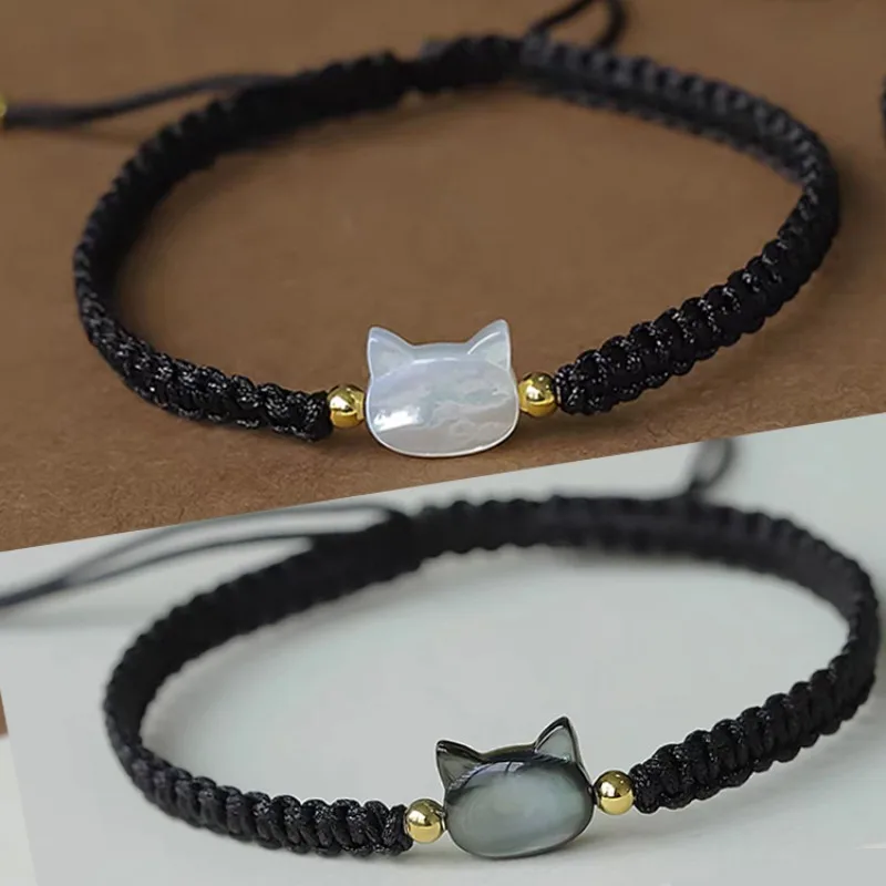 Black White Moonstone Couple Bracelet Cute Cat Natural Obsidian Handmade Rope Braided Bracelets Women Men Fashion Jewelry Gift bracelet jewelry