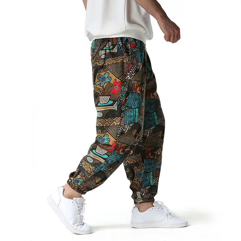 Linen Pants Men Cotton Pants Men Harem Pants Men Jogger Sweatpants Fashion Traditional Nation Print Cotton Linen Joggers Pants Men Hip Hop Harem Trousers Mens Hippie Casual Streetwear Sweatpants