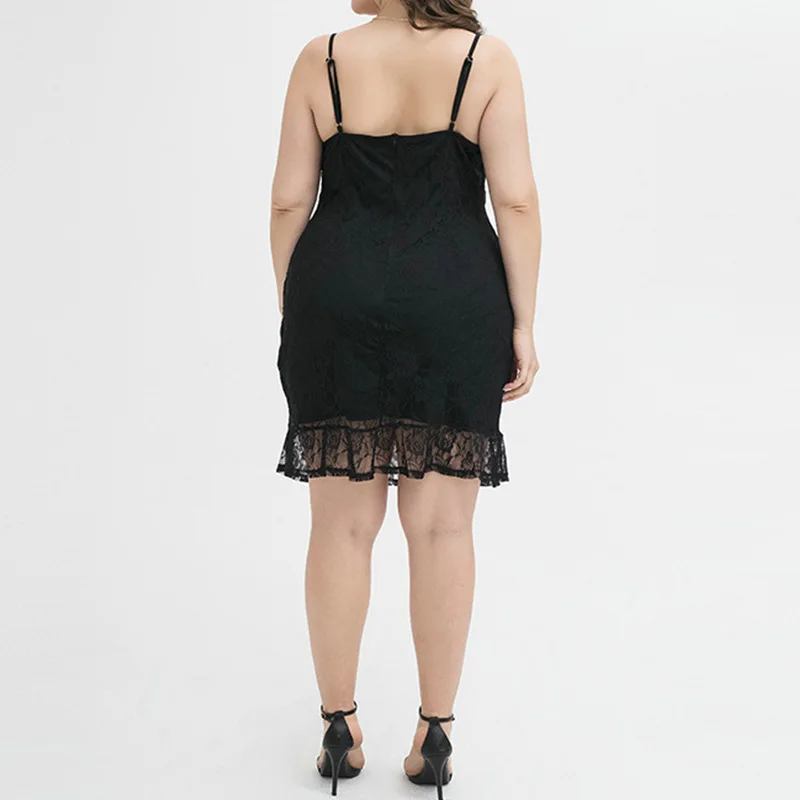 Sexy V-Neck Slip Dress Plus Size Summer Womens Clothing Elegant Patchwork Lace Sleeveless Backless Littlel Black A-line Dresses