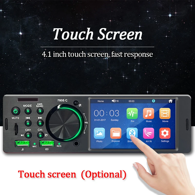 Car Radio 1 din 4.1” Touch Screen Bluetooth Stereo Mp3/Mp5 Player FM Receiver Wi