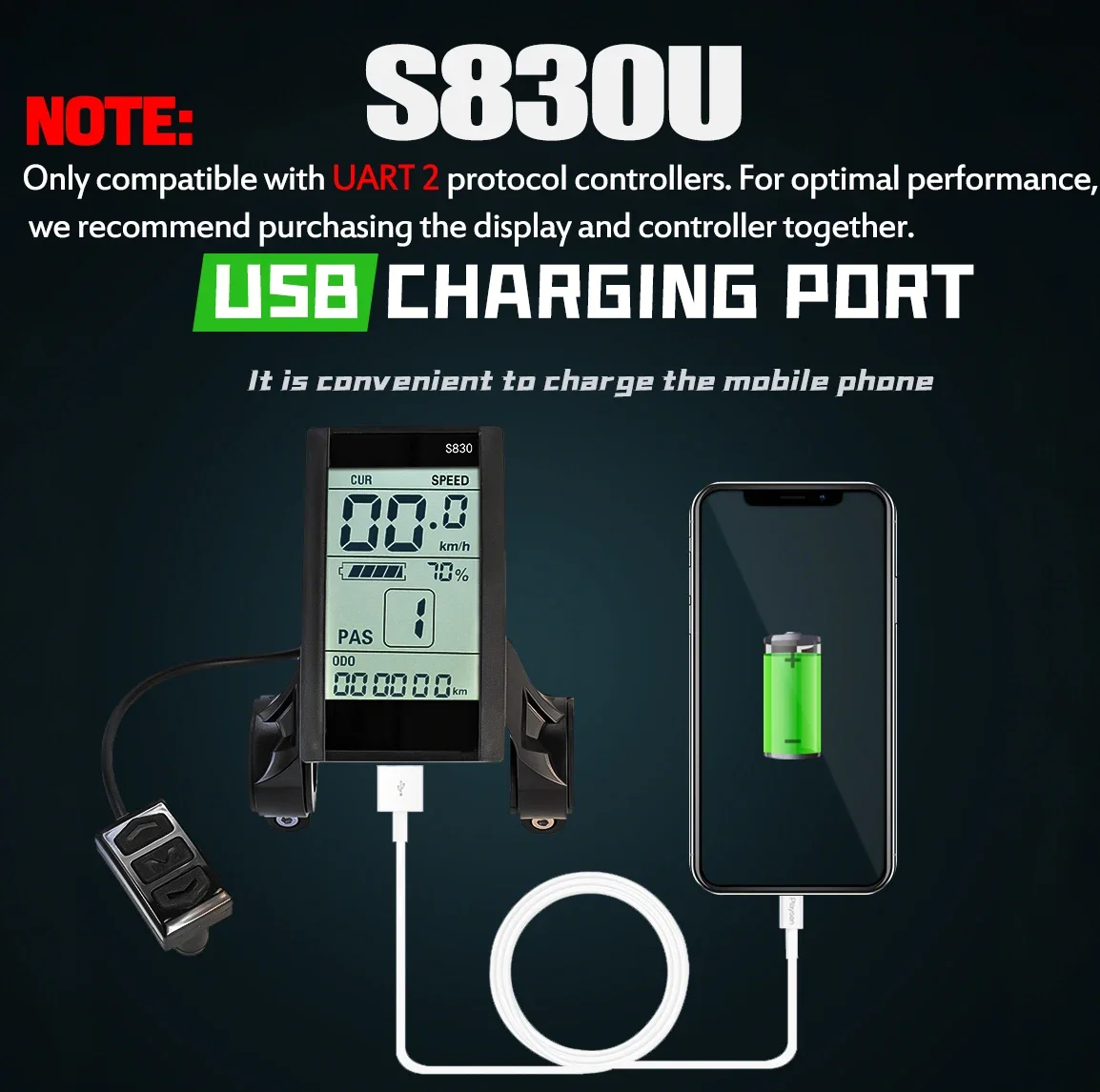 쿤레이 전기자전거 S830U 디스플레이 USB 충전 포트, 전동 스쿠터 방수 플러그 SM 커넥터 24V-48V 패널
