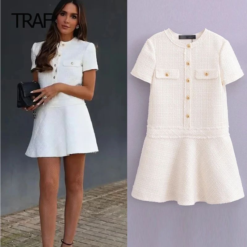 

TRAF O-Neck Short Sleeves Dress Female Dress Spring Summer 2024 Mini Textured Dresses Elegant Party Dresses For Ladies Luxury