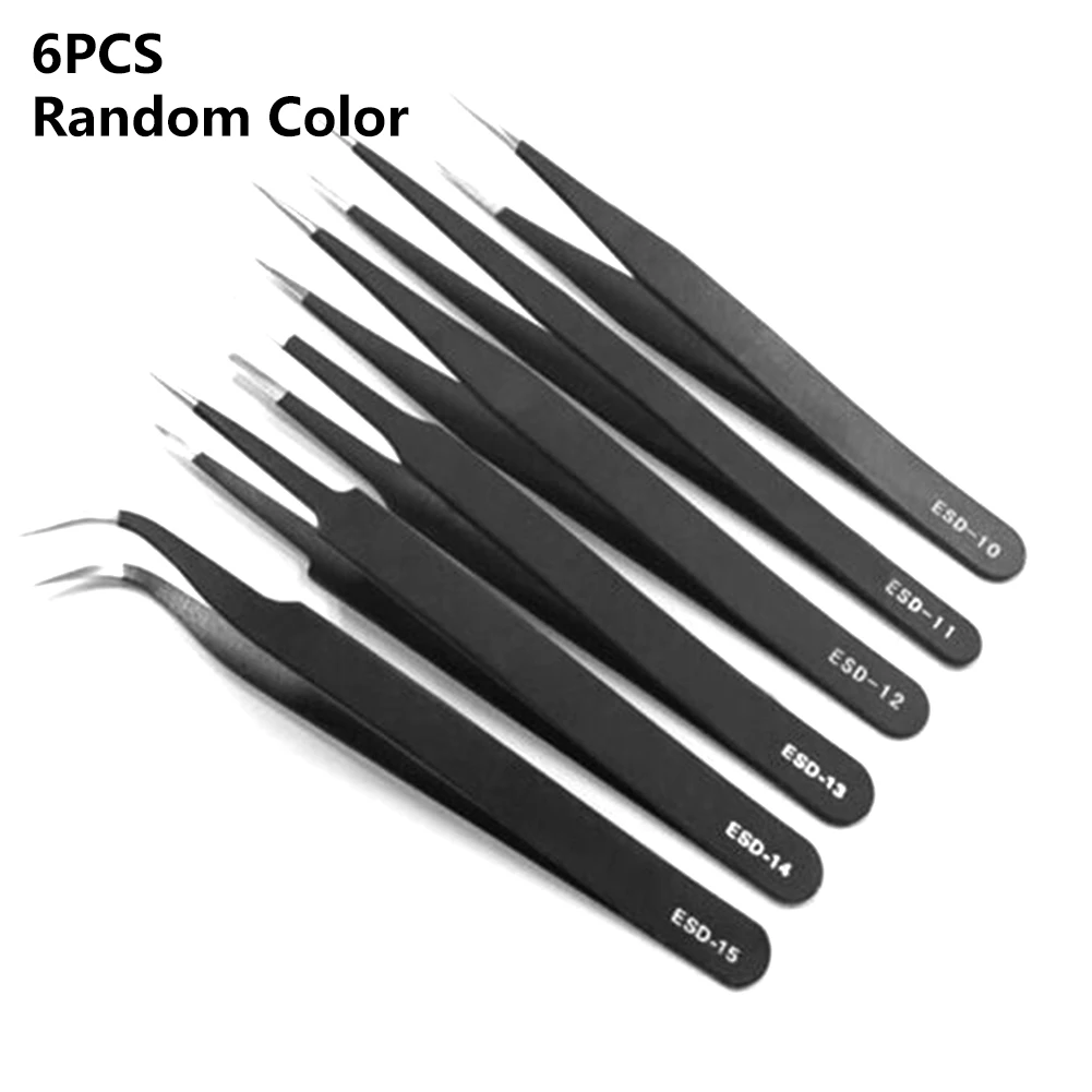 Premium Stainless Steel Anti Static Tweezers Kit 6pcs Maintenance Tool Set for Precision Work and Jewelry Making