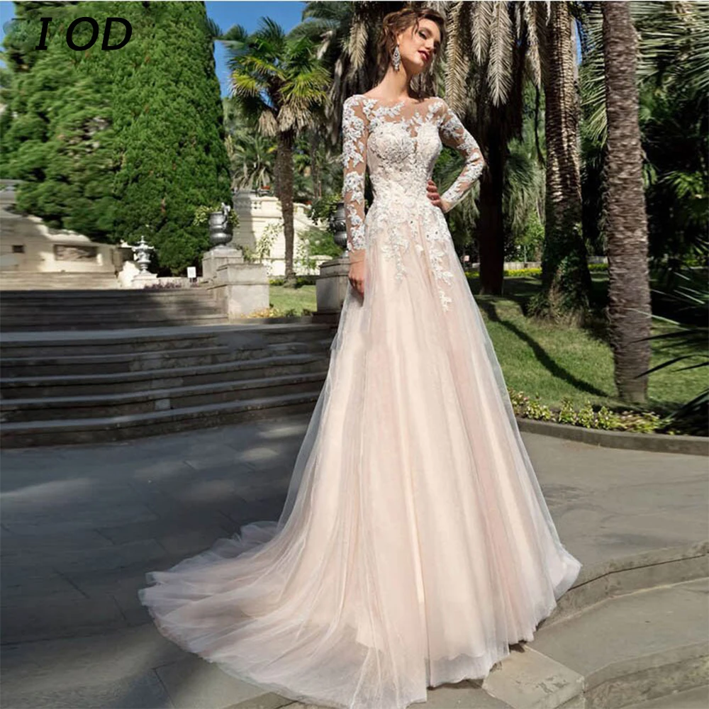 

I OD Elegant O-Neck Wedding Dress Long Sleeves Appliques Lace Up Back A-Line Tulle Bridal Gown Floor Length Vestidos De Novia