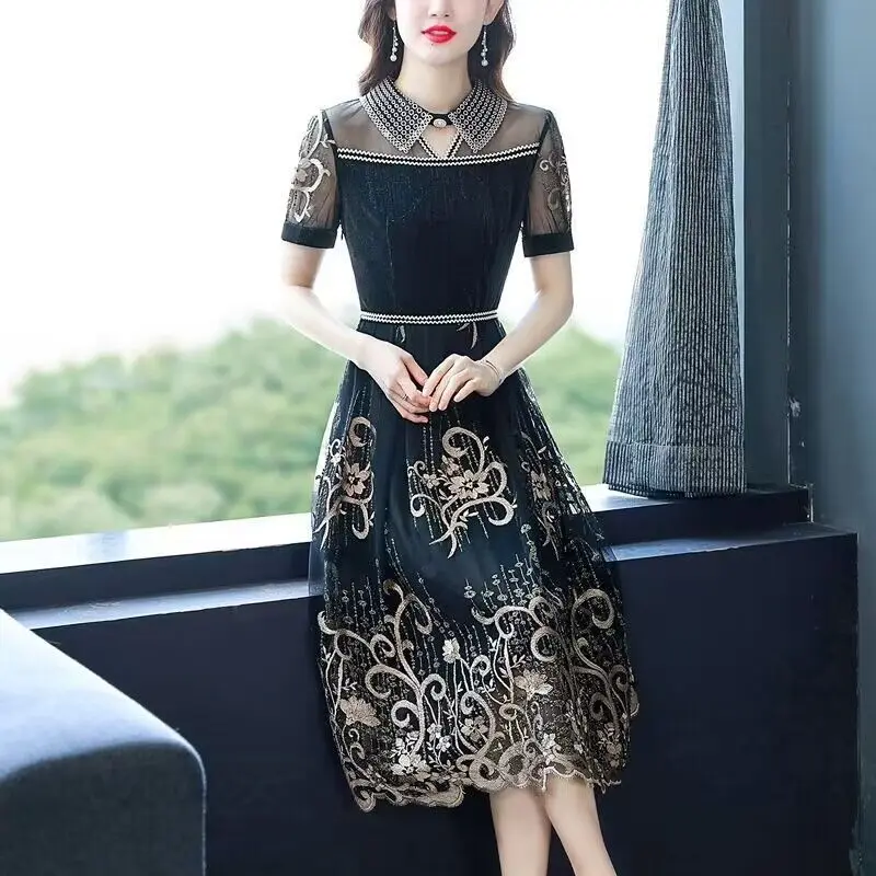 

Summer New Women's POLO Neck Dress Loose Commuter Casual Splice Embroidered High Waist Evening Dress