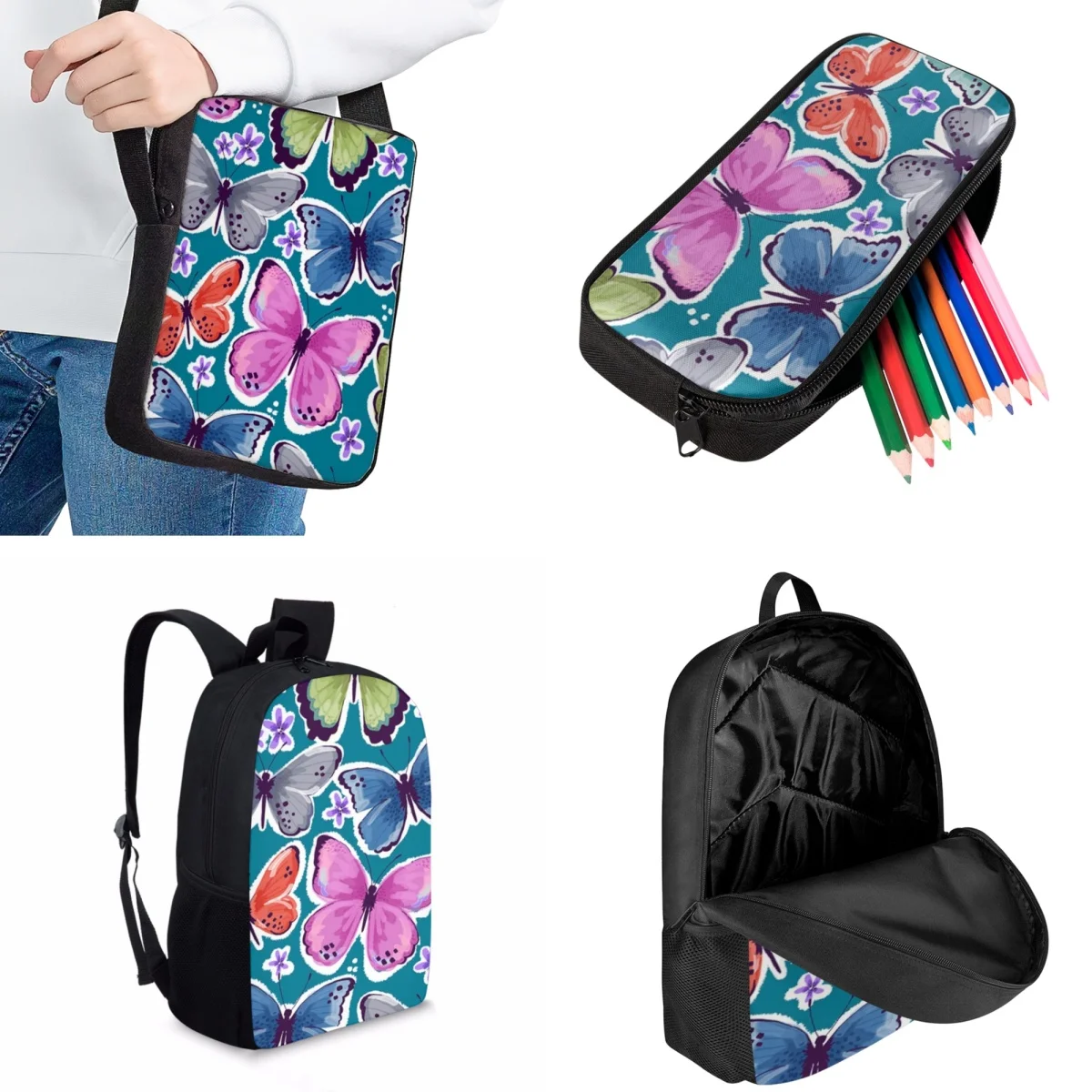 Jackherelook Butterfly Art Illustration Fashion Backpack Kids Schoolbag Set New Trend Girls School Bags Daily Leisure Travel Bag