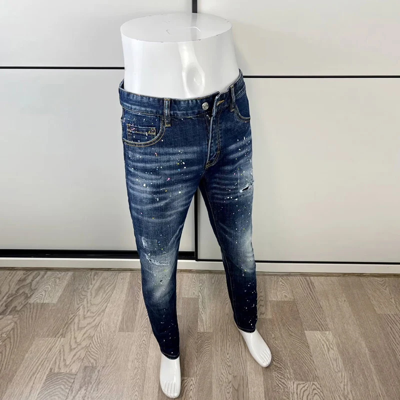 Fashion Streetwear Men Jeans Retro Blue Elastic Slim Fit Patched Ripped Jeans Men Painted Designer Hip Hop Brand Pants Hombre