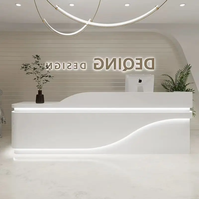 High Quality Small Modern Wood Panel Reception Desk Home Office Beauty Salon Barber Shop Featuring Pink White Front Table Bar