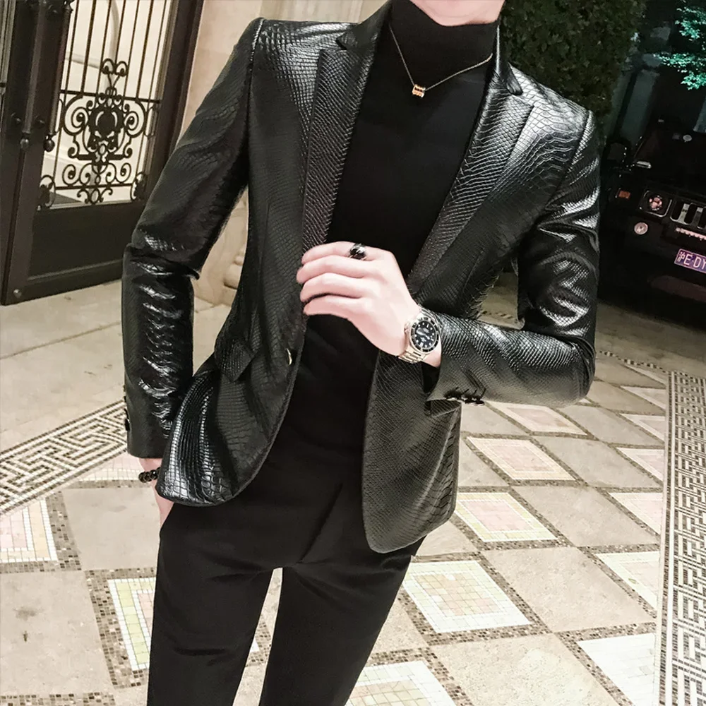 

Men's Snakeskin Tattoo PU Faux Leather Jacket Coat Business Casual Snake Skin Style Slim Suit Blazer Jackets Black Mens Clothing