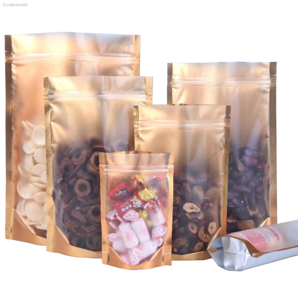 

100Pcs Stand Up Clear Front Gold Aluminum Foil Zip Lock Storage Bag Tear Notch Plastic Mylar Food Snack Storage Pouches