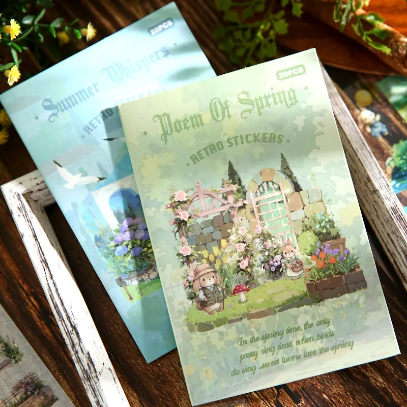 힐링 풍경 스티커, 동화 정원 시리즈, 토끼집과 꽃 장면, DIY 저널 장식 재료