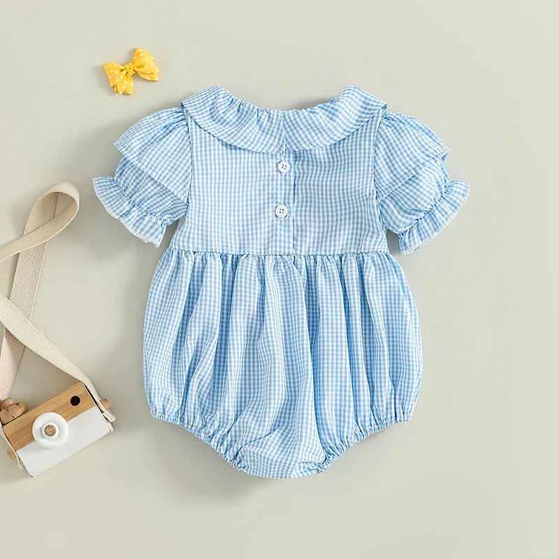 thumbnail interactive-video image 1 of Infant Baby Girls Bubble Romper Plaid Short Puff Sleeve Bodysuit Smocked One Piece Clothes With Headband Set Summer Outfits 1 of 11