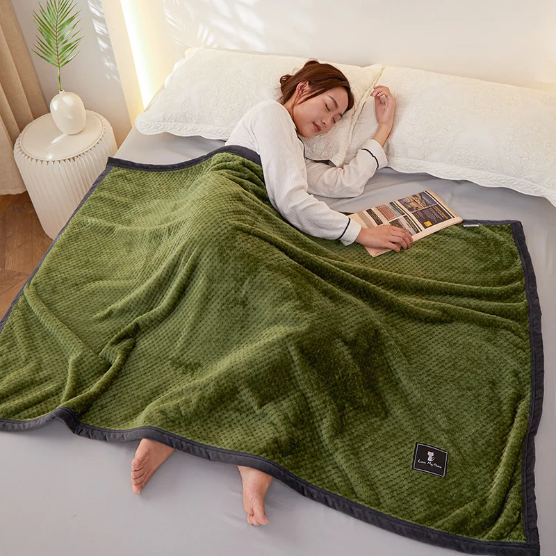 

BlessLiving Army Green Soft Beibei Velvet Blanket And Bedspreads Living Room Bedroom Air Conditioning Blanket Sofa Cover Decor