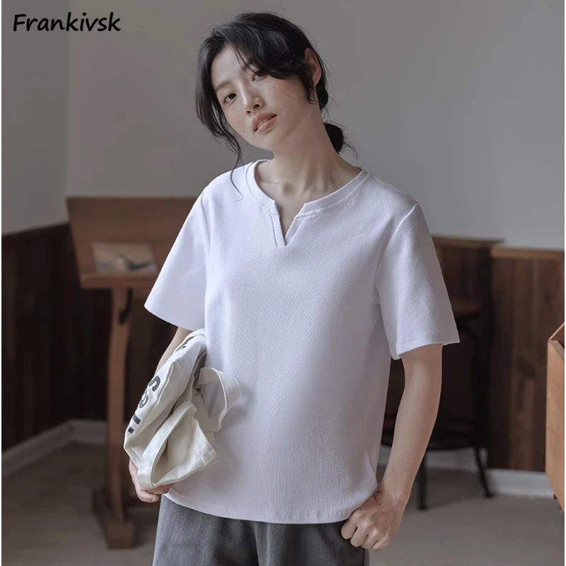 

Versatile Women T-shirts Simple Casual Summer Comfortable Loose Vintage Short Sleeve Korean Style Commuting Slouchy Soft Solid