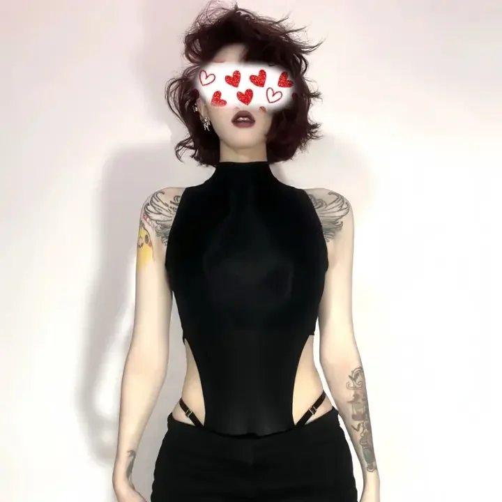 Жіноче чорне боді з вирізом і водолазкою - бандажний облягаючий топ без рукавів Готичний вуличний комбінезон для осінньої вечірки