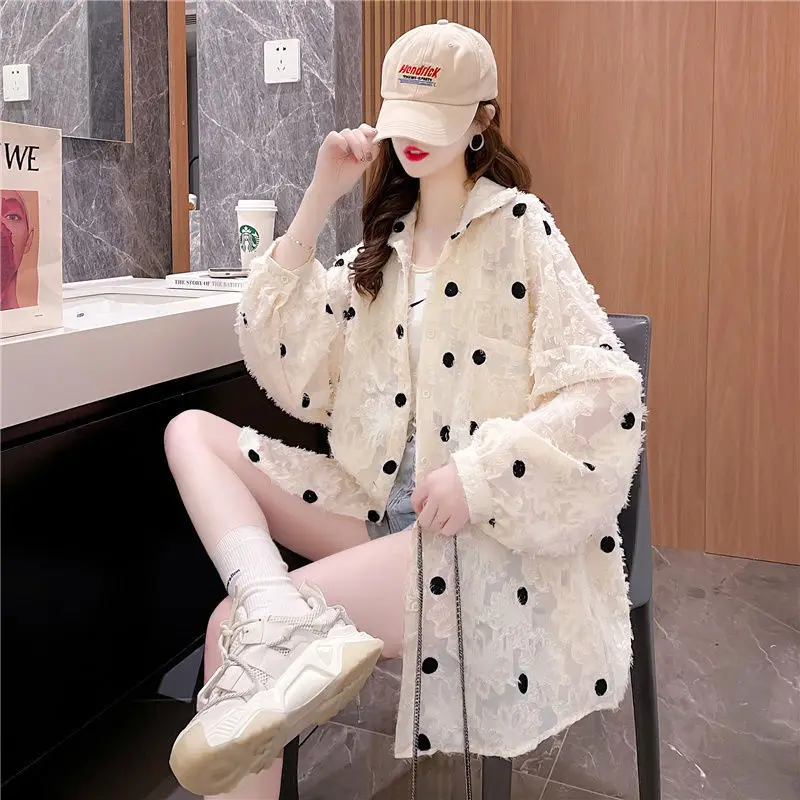 Woman Sun Protection Jacket Female Waterproof Ice Silk Hooded Coat for Female Dot Print Summer Air Conditioning Coats Shirt G89