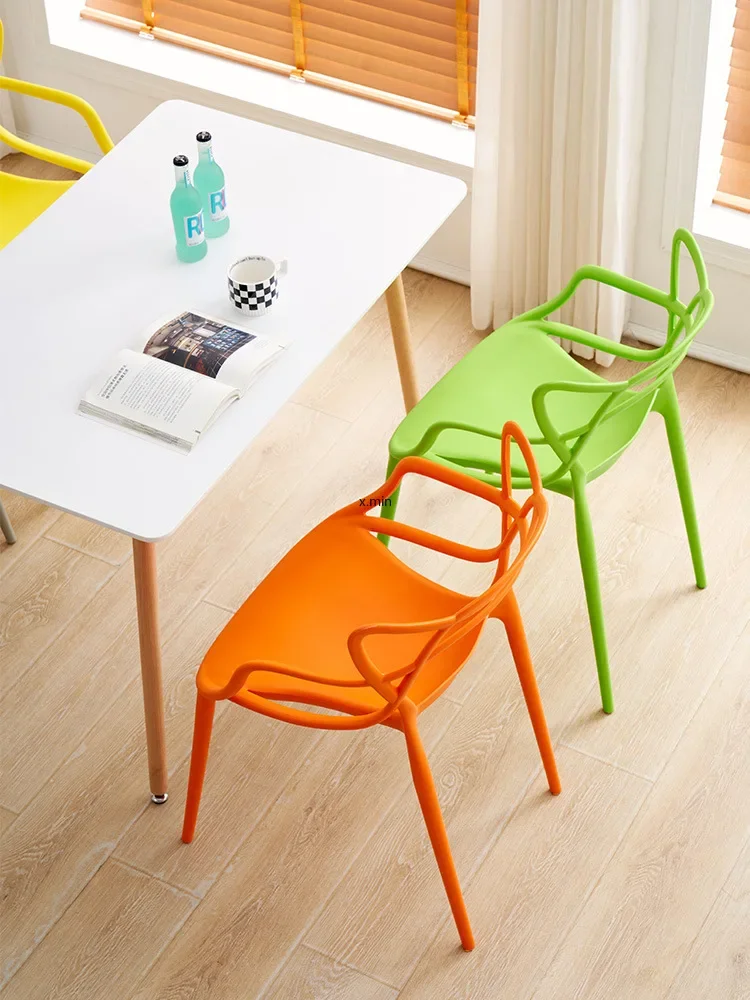 

Cat Ear Plastic Chair Stacked Vine Chair Simplified Hollow Backrest Armrest Waiting for Line Up Dining Chair Furniture