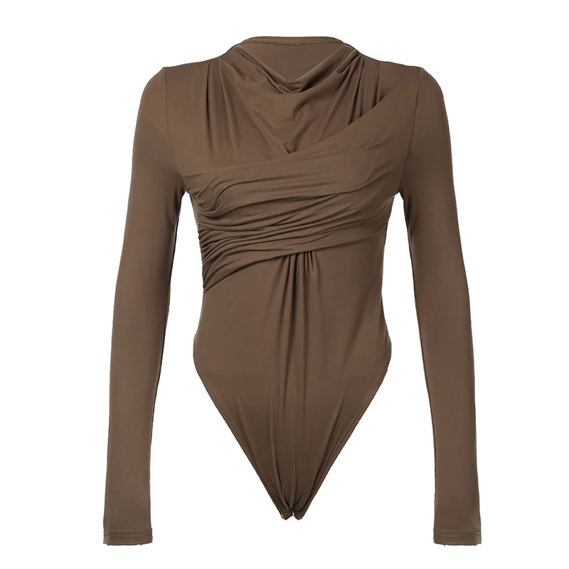 Body marrón con pliegues irregulares para mujer, elegante y chic, de manga larga, ajustado, con cuello redondo, ropa de club sexy para otoño