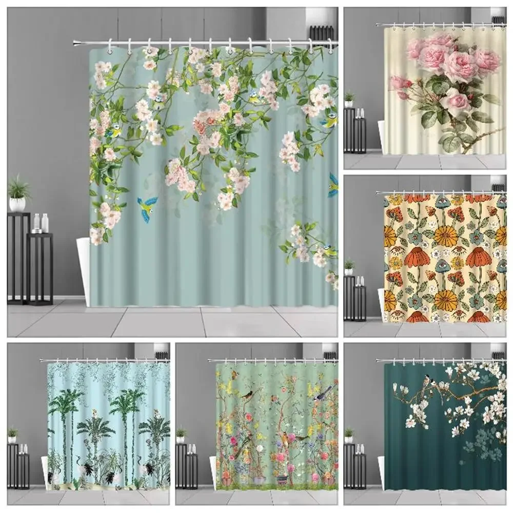 

Flower Bird Shower Curtain Yellow Flower Branches Asian Oriental Style Spring Nature Garden Landscape Bath Cloth Bathroom Decor