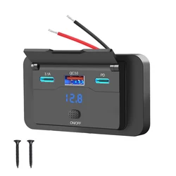 High - Speed USB Car Charger with Dual PD and QC 3.0 Ports - 108W Fast Charging Outlet with Switch & Voltmeter (3.1A - PD - QC)