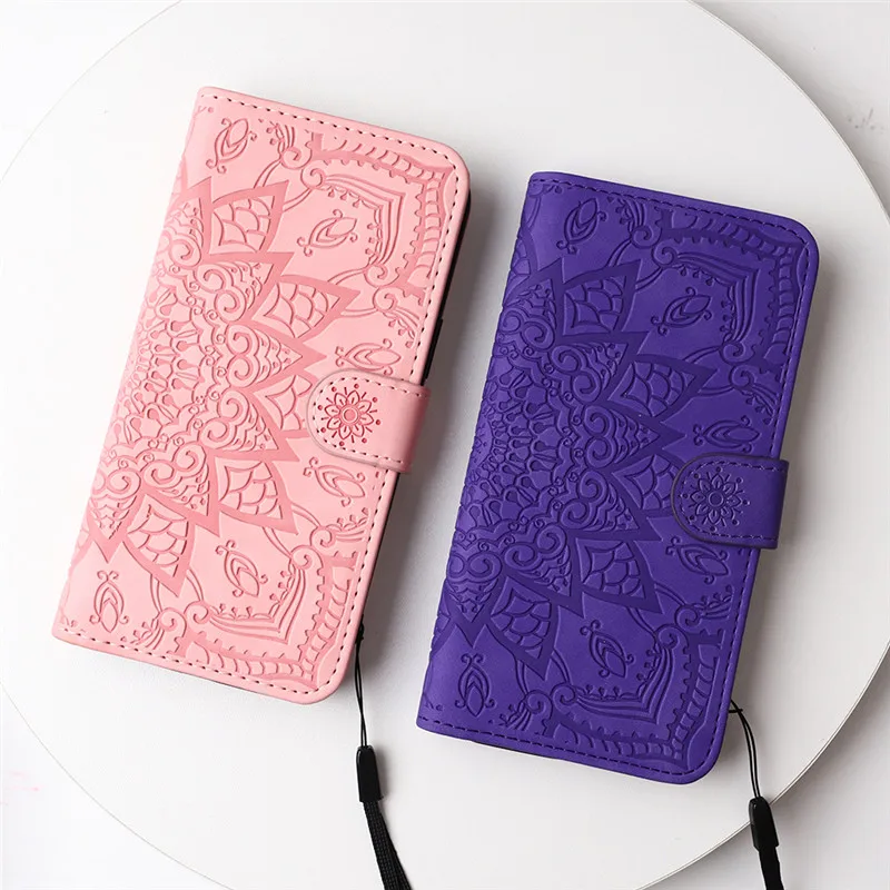 Elegant 3D Datura Flower Flip Case - Leather Wallet Phone Cover with Sling