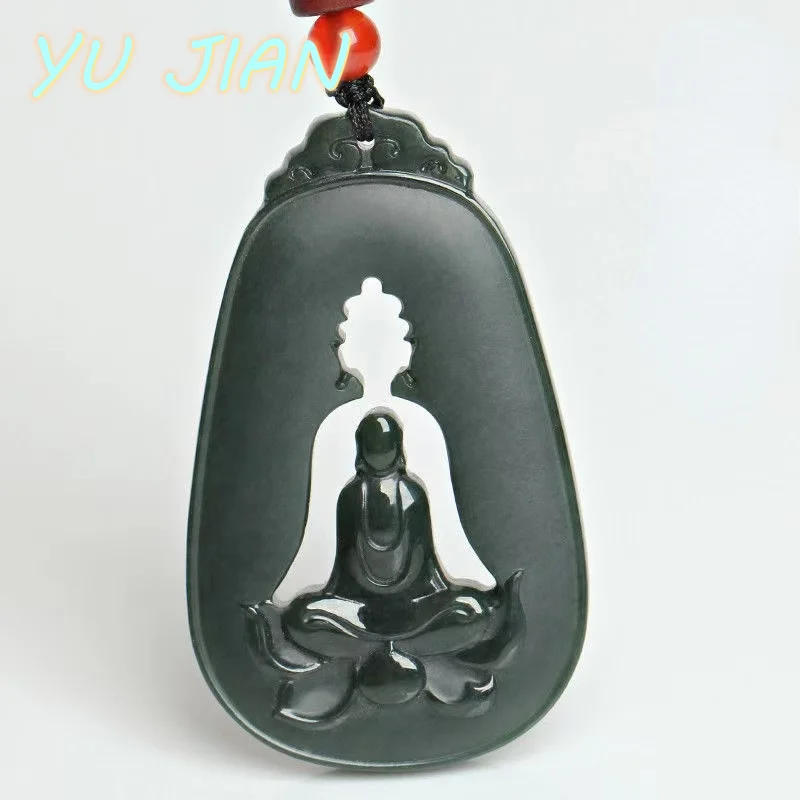 New Exquisite Natural Hetian Sapphire Carved Hollow Black Green Pendant Men's And Women's Emerald Necklace Jewelry With Chain