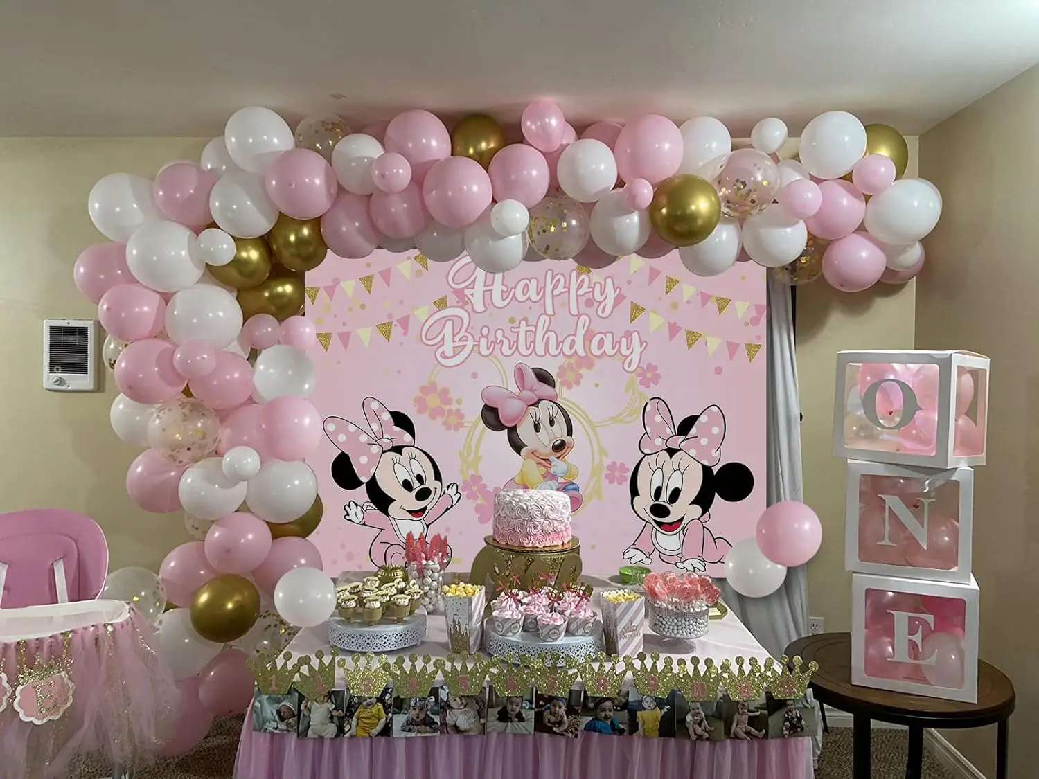 Disney Pink Cartoon Minnie Mouse Backdrop Kids 1st Birthday Party