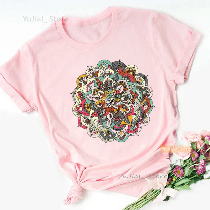 

2023 Hot Sale Funny Pink T Shirt Girls Rainbow Mandala Meditation Tshirt Women Summer Fashion Tops Tee Shirt Femme Streetwear