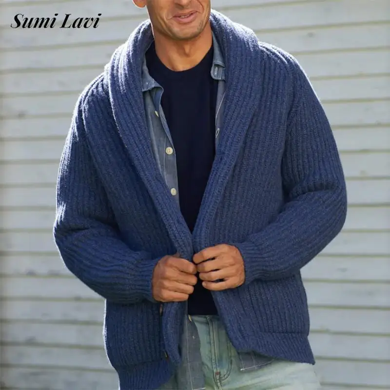 

Vintage Knitwear Men's Outfits Knitted Turn-down Collar Button Sweater Coat Winter Outerwear Casual Solid Color Men Knit Jacket