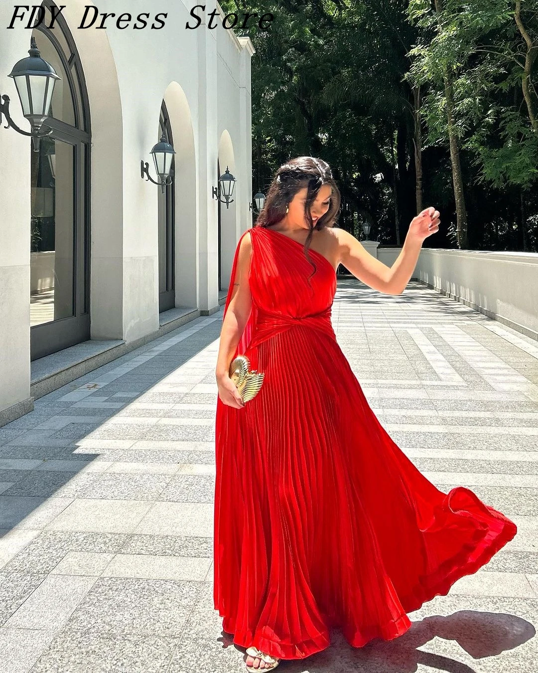 

Vintage Red Chiffon Evening Dresses One Shoulder Prom Dresses Pleated Floor Length Side Split Formal Party Dresses